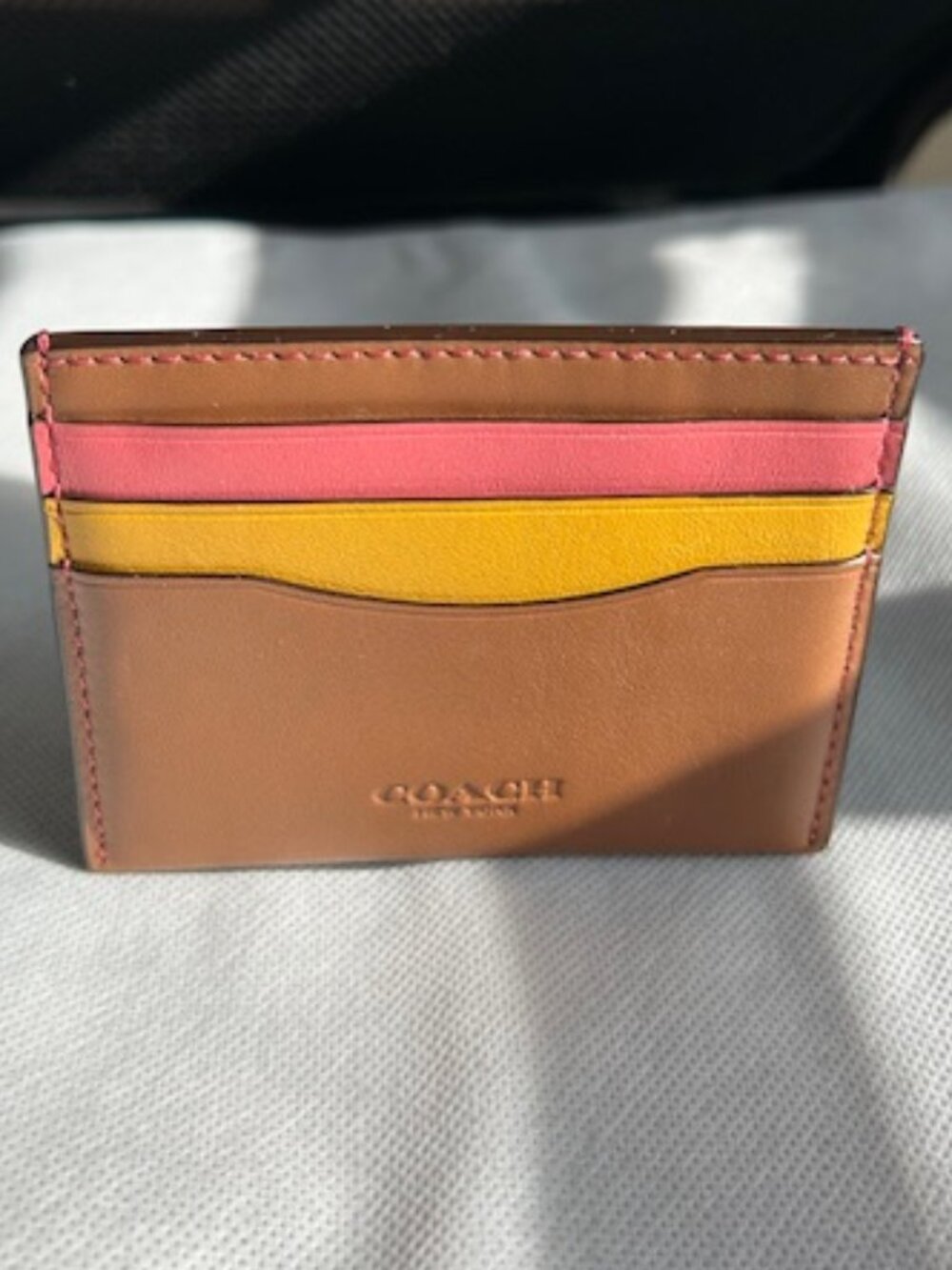 Coach Colorblock Leather Card Case | Pink, Yellow & Saddle Brown